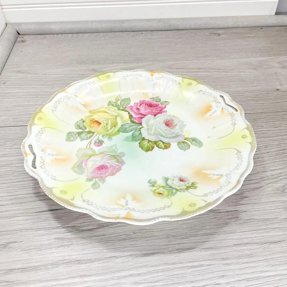 Antique Floral Platter with Handles‎ and Pink Roses